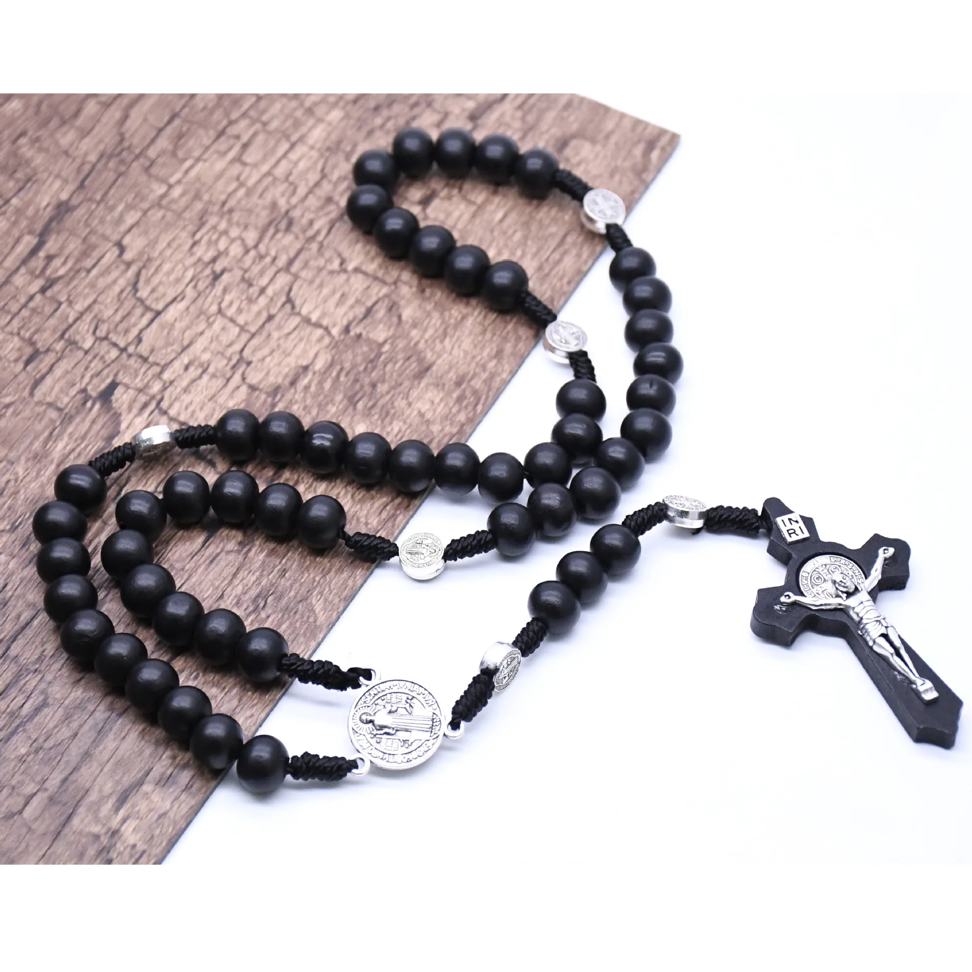 Collier Chapelet En Bois Naturel Avec Croix - 59cm - Pour Prière, Communion, Baptême - Fait Main