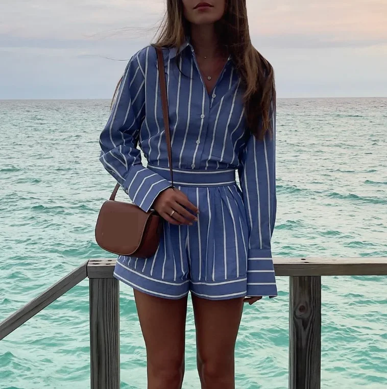 Enyami Chic Loose Office Casual Blue White Striped Long Sleeve Shirt Blouse Shorts Cotton 2 Piece Matching Co Ord Sets Women