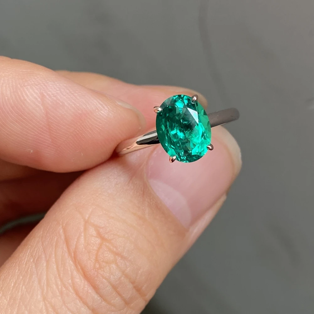 Custom Green Lab Oval Cut Emerald Ring 925 Sterling Silver