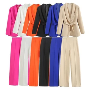 New Female Chic Set Lapel Long Sleeve Slim Jacket Coat High Waist Vertical Straight Leg Pants Woman's Bow Belt Blazer Pants Suit