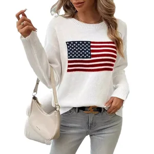 Women's Custom-Size Long Cardigan Korean Fashion Design Knitted Flag Pattern Versatile Breathable Autumn Clothes Front Wholesale