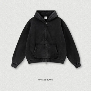 Customized 400G Vintage Wash 42%Cotton Men's Custom logo Fleece-lined Sweatpants and Zip up Hoodie Set for Winner