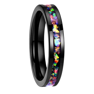 Coolstyle Jewelry 4mm Crushed Fire Opal Inlay Pipe Cut Polished Black Tungsten Ring for Men Women Engagement Wedding Band