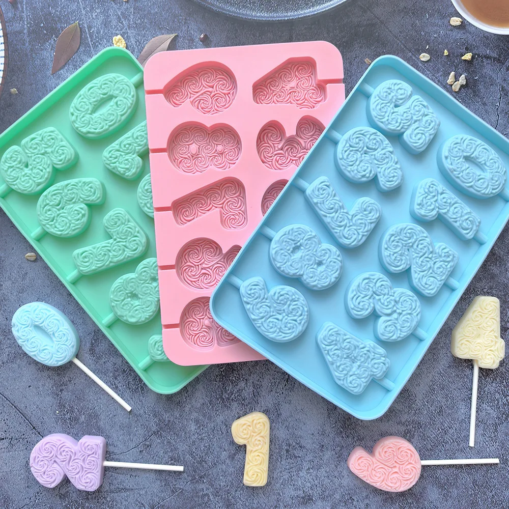 Rose Pattern 0-9 Numbers Shape Lollipop Silicone Mold Handmade 3D Chocolate Cake Jelly Candy Silicone Mold supplier