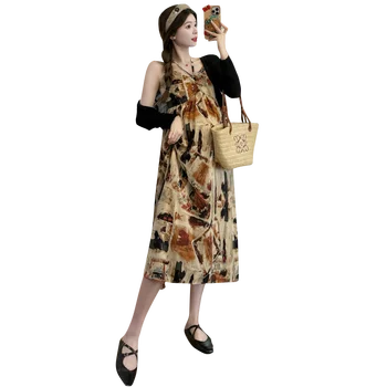 2024 Early Spring Retro Style Clothing Set for Pregnant Women Senior Sense Retro Halo-Dyed Holiday Sling Skirt Suntan Blouse