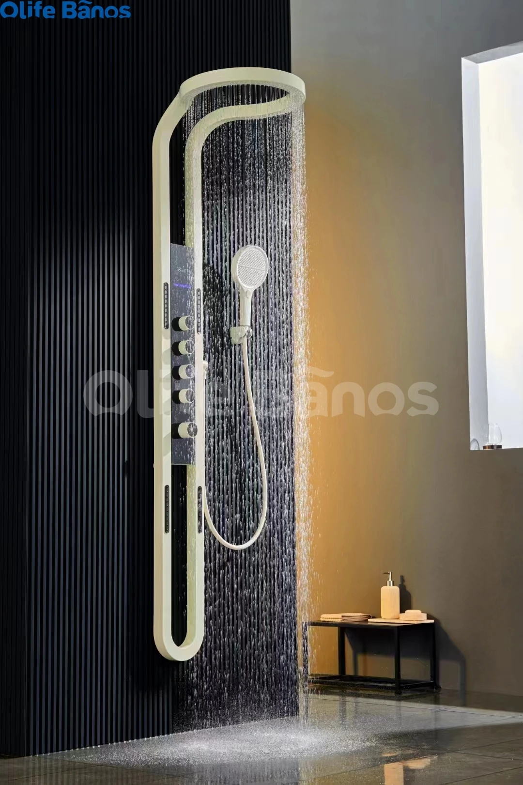 Olife Banos Black White Brass Copper Multifunction Rainfalll Smart Digital Display Spray Water Mist Massage Shower System Panel details