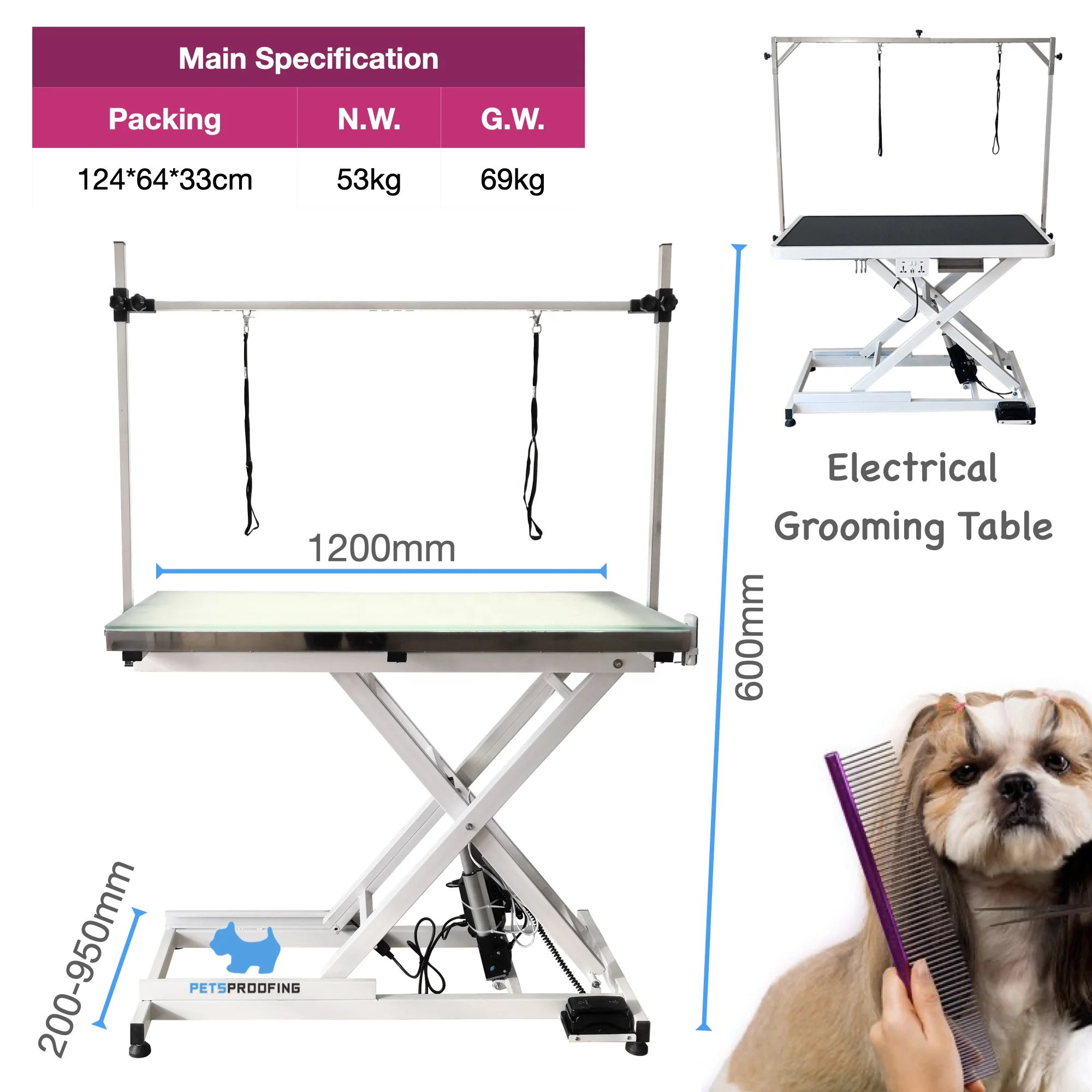 Adjustable Height Folding Hydraulic Air Lifting Dog Cat Pet Grooming Table Illuminated Electrical LED Stainless Hair Removal