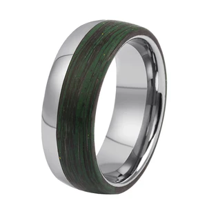 Custom Made Tungsten Carbide Tizti Ring with Black and Green Color Mix Fiber Inlay Mens Wedding Bands