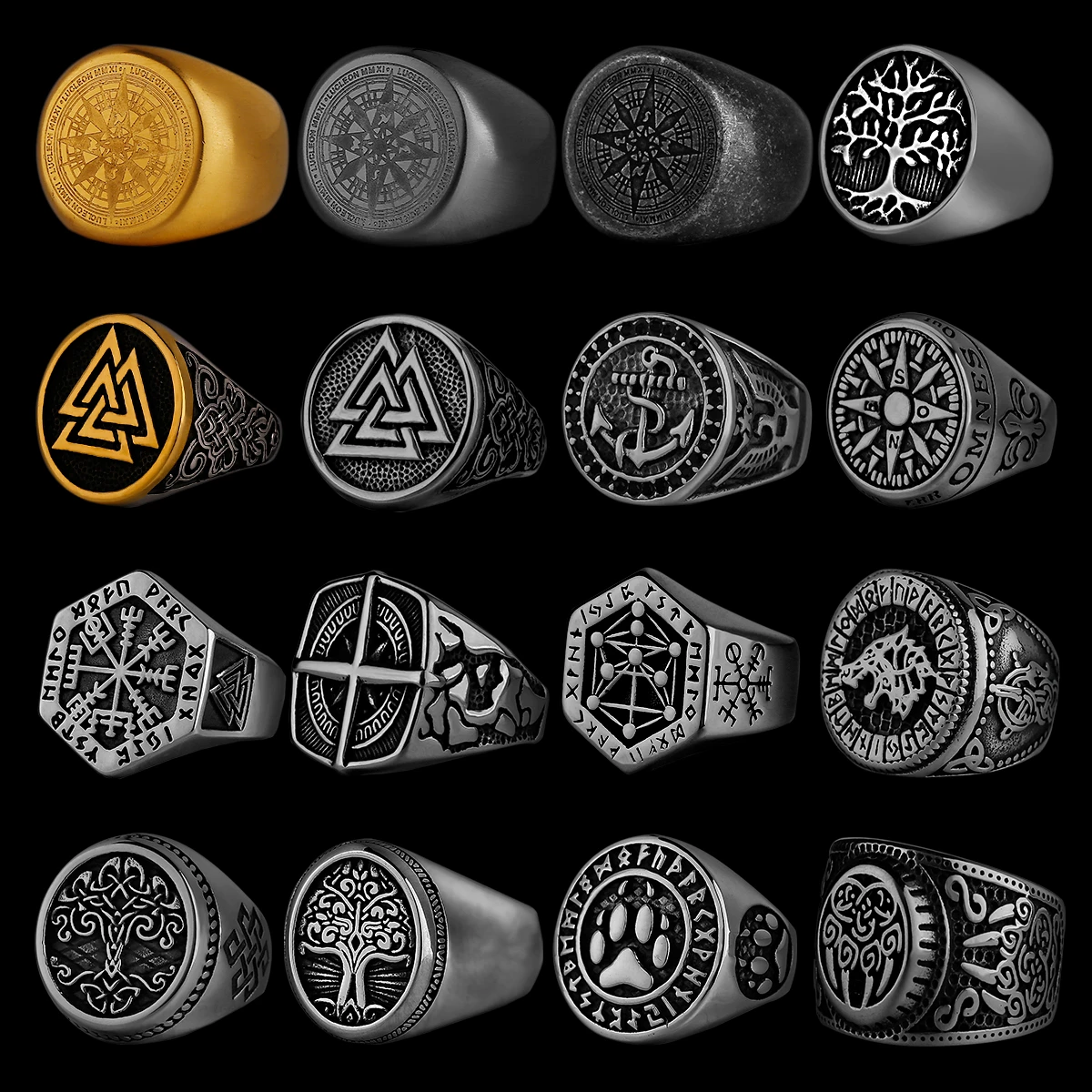 Stainless Steel Compass Tree of Life Viking Rune Wolf Ring Factory Wholesale Fine Jewelry for Men and Women
