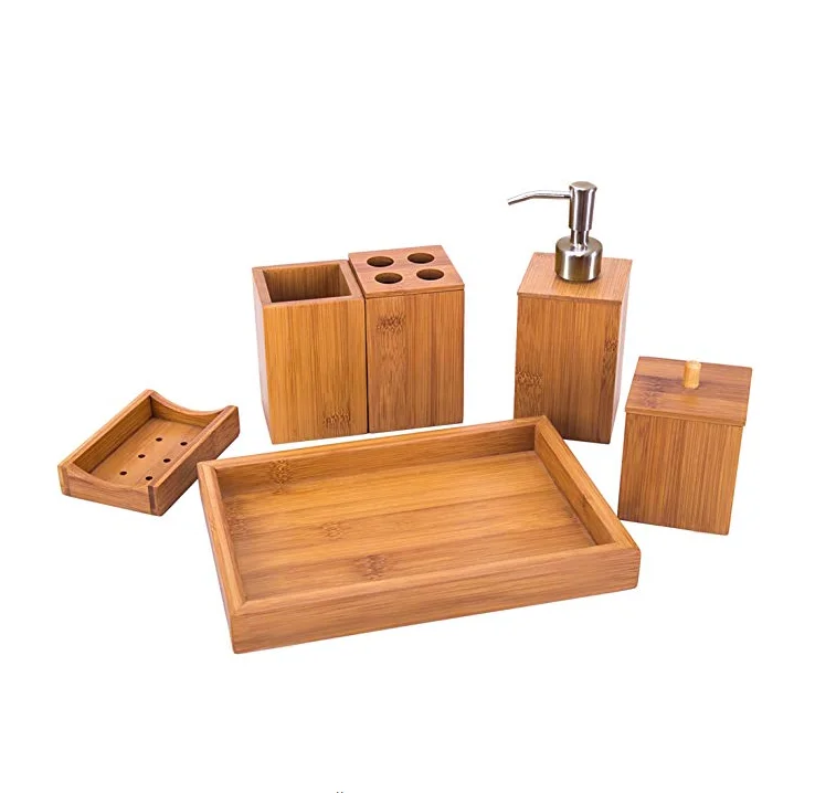 
Лидер продаж, профессиональный аксессуар для ванной из натурального бамбука по низкой цене, современный набор из 6 предметов 