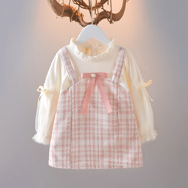 Spring Latest Design Pretty 6M to 2Y Plaid Girl Kids Long Sleeve Baby Bows Boutique Skirts 2 Year Old Girl Dresses