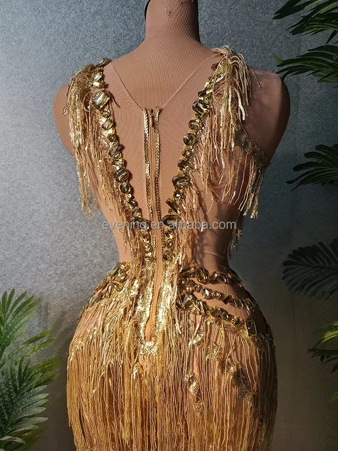 Monos Sparkly Gold Tassel Sequins Cut Out Rompers Women One Piece