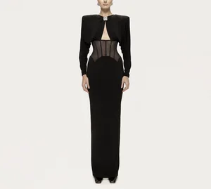 Women's Black Hollow Fishbone Rhinestone Button Dress V Neck Elegant Slit Evening Dress Bodycon Long Dress Women
