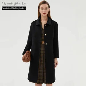 Women's Elegant Slim Casual Long Woolen Fleece Jacket Dual-Sided Turn-down Collar Button Decoration Winter Dyed Eco-friendly