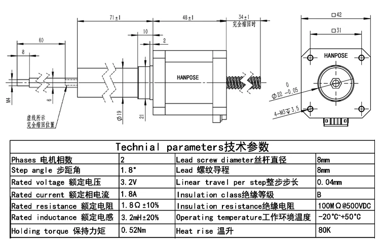 product hanpose nema17 42 fixed axis screw motor 42hf34 t84 20 04n m 34mm 15a miniature electric cylinder stepper motor-9