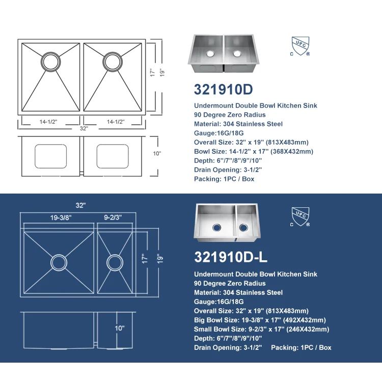 Cupc Standard Size Drop In Fregadero Single Ss Metal Double Bowl
