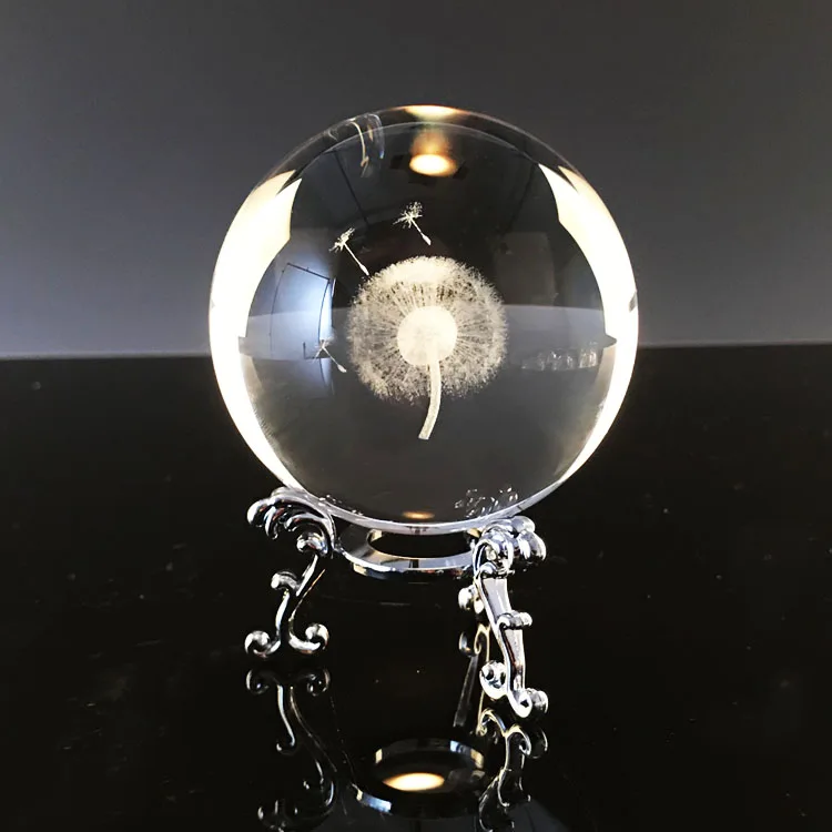 Customized Decoration 70mm Glass Ball Dandelion 3d laser engraving k9 Crystal Glass ball