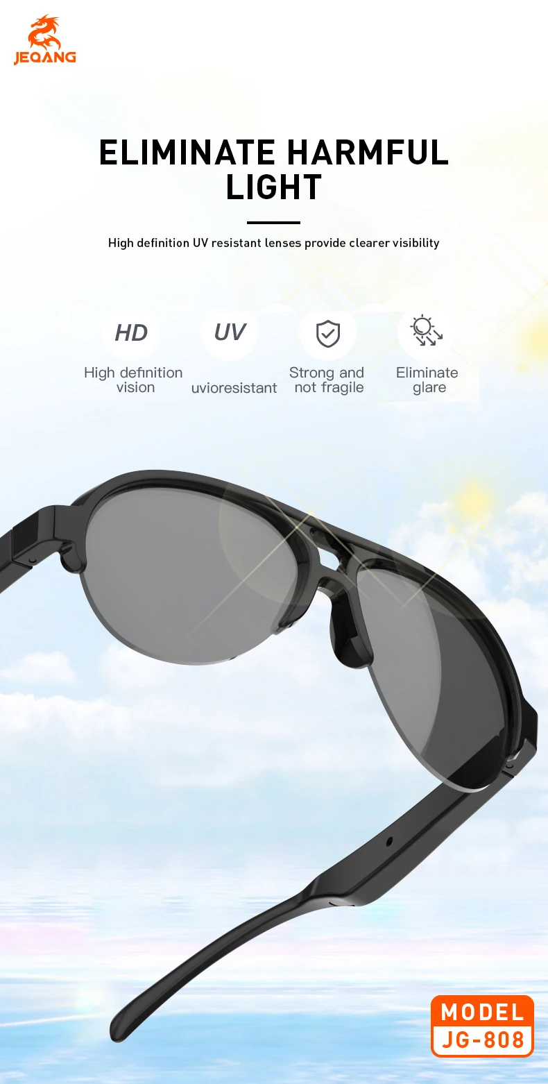 Jeqang-808 Smart Glasses New Release Intelligent Audio Harmful Light Blocking Clearer Field View IPX4 Waterproof Clearer Field