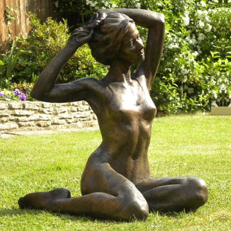 Metal Craft Decor Art Brass Lady Girl Sculpture Bronze Kneeling Woman Statue