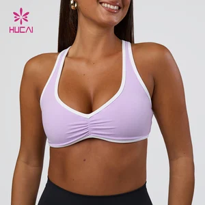 HUCAI Custom Nylon Spandex Removable Padding Contrasting Stripes Wrinkle Halter Yoga Gym Sports Bra Women