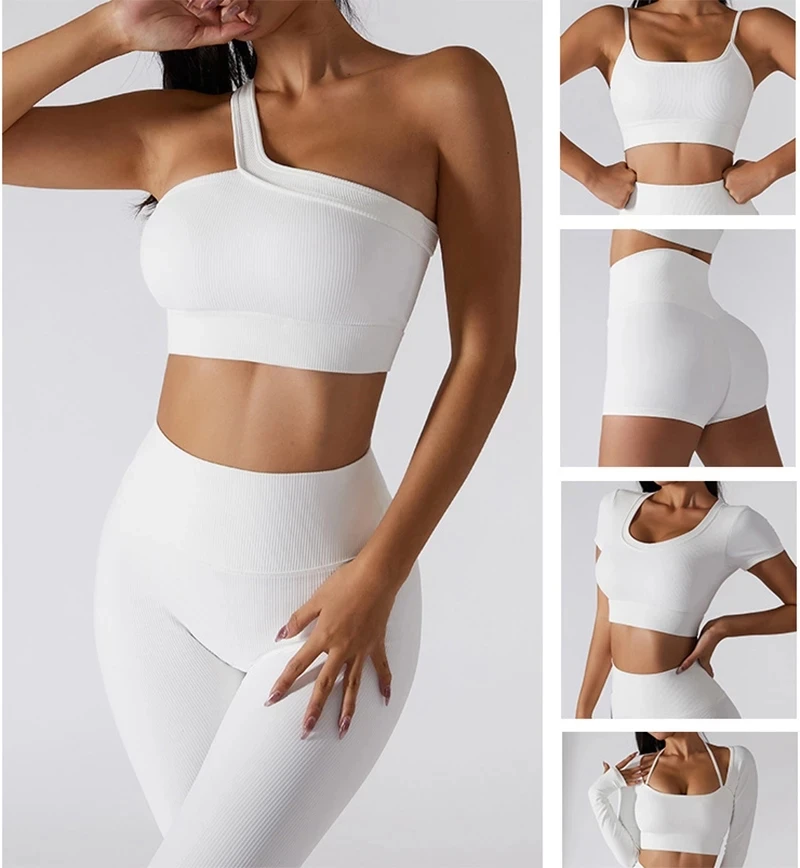 Yoga Outfit Ribbed Seamless Yoga Set Wholesale Sportswear Fitness Wear Seamless Leggings And One Shoulder Sports Bra Set