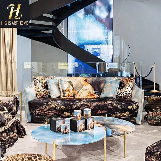 Nordic Design Italian Oil Painting Style Cloth Sofa Designer New Leopard Print Three Sofa for Villa Living Room