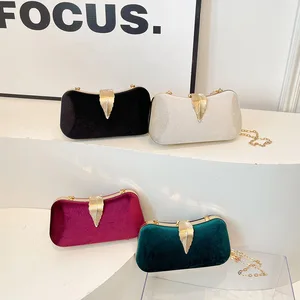 Women's Velvet Evening ShoulderBags Luxury Gold Trim Party Clutch Hand Bags  with Detachable Chain Strap