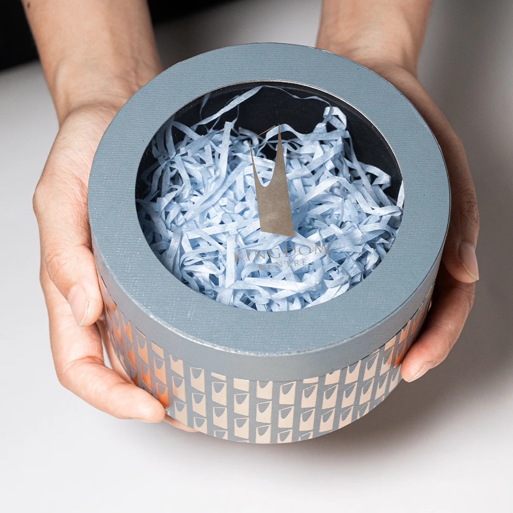 New Arrival Gold Foil Stamping transparent Pvc Window lid and base Makeup Paper Perfume Cylinder Box Packaging