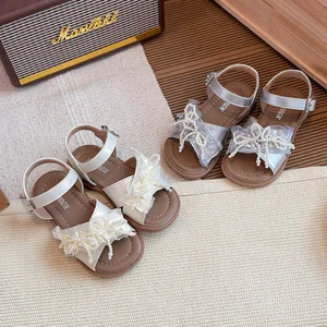 2026 Summer Girls' Open Toe Pearl Mesh Bow Slip-On Beach Sandals Fashion Trend Outdoor Shoes
