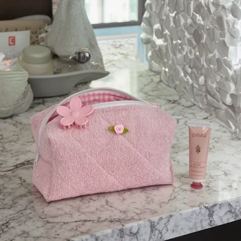 Private Label Terry Makeup Bag Fashionable Embroidered Teddy Soft Handled Cosmetics Bag for Traveling