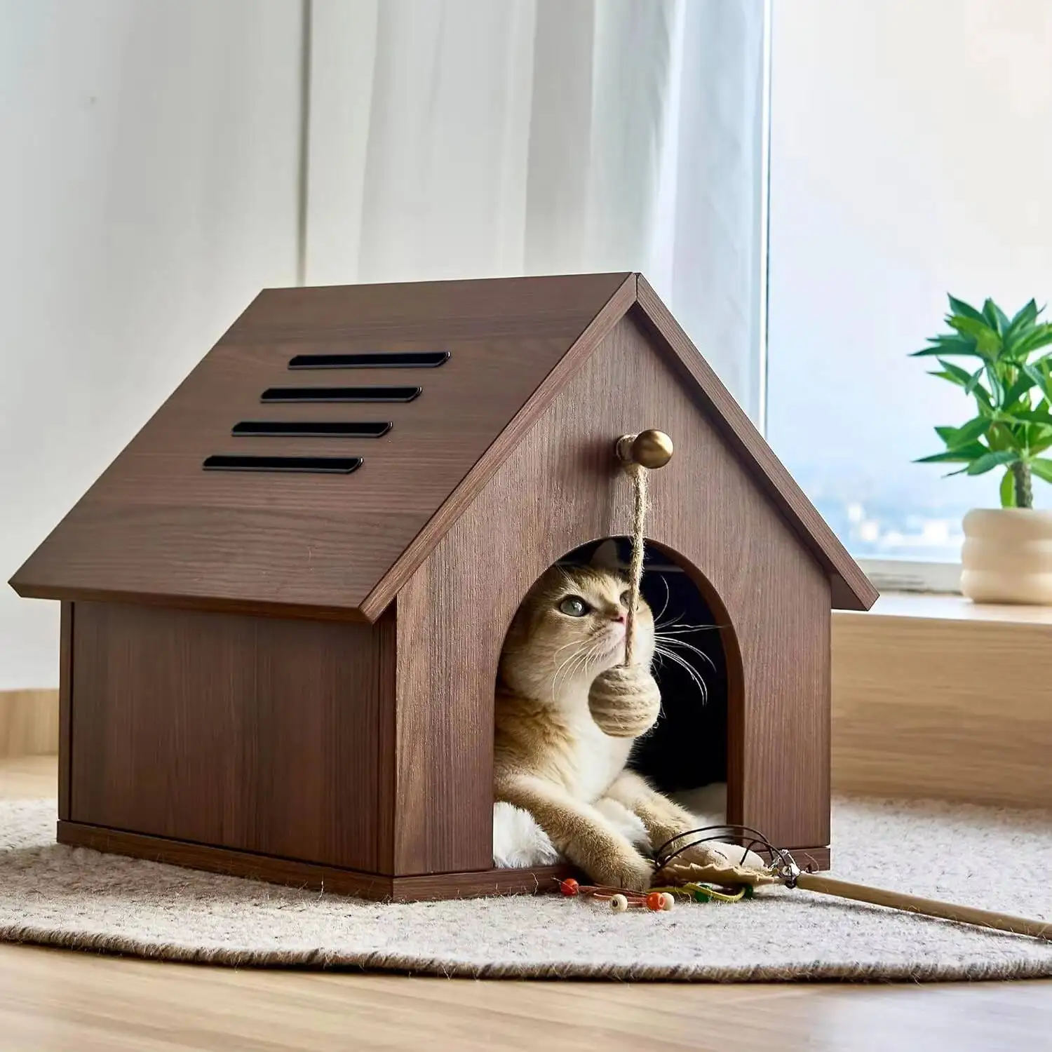 Hot Sales Modern House Cave Bed Wood Furniture Condo with Hanging Ball Toy and Plush Mat for Indoor Cat 4