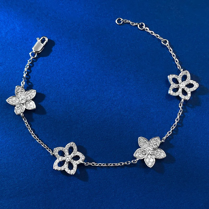 New S925 Silver Hollow Five Petal Flower Bracelet for Women