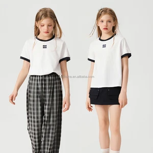 Girls Top Apparel Customizable Round Neck Short Sleeve Shirt Black White Contrast Summer Casual Fashion OEM