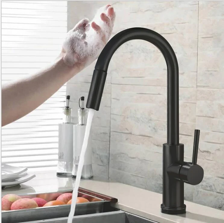 Pull Down Automatic Smart Touch Control Black Faucet for Kitchen with Sensor