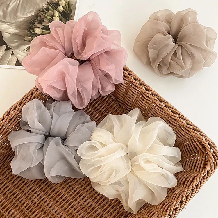 Women Sweet Gentle Chiffon Scrunchies Hair Ties Solid Color Mesh