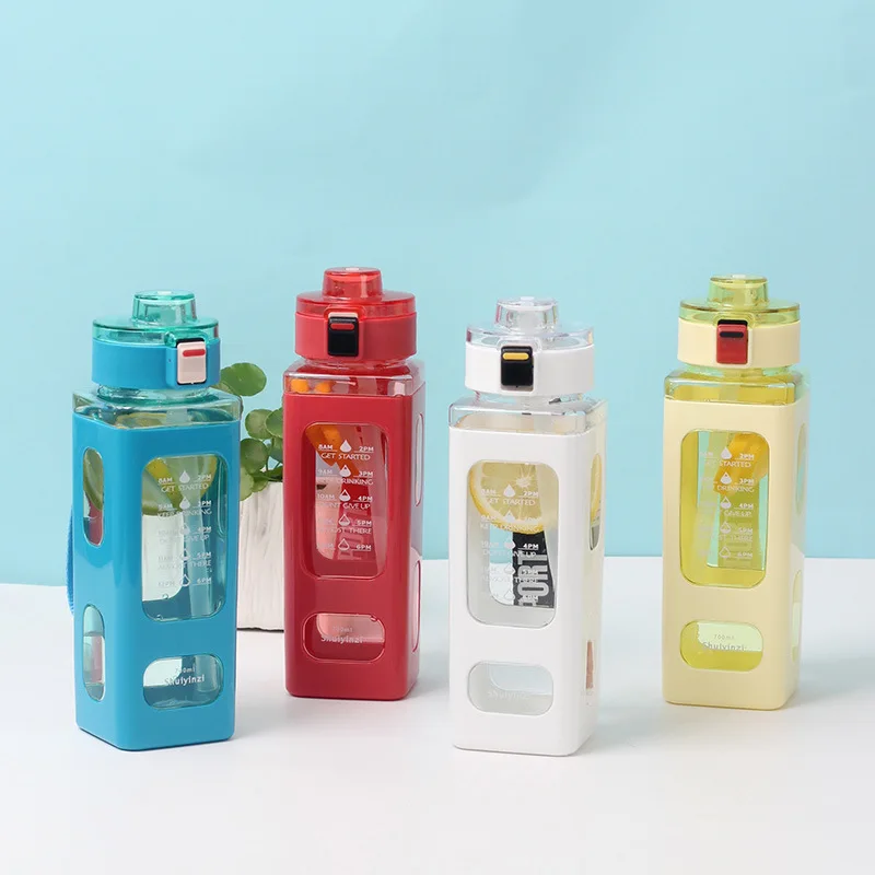 2022 New Arrival 700ML Motivational Square Water Bottle Cute Children Portable Water Bottle With Straw