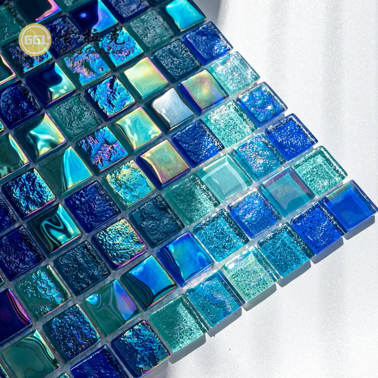 Iridescent Blue Green Glass Mosaic Tile Swimming Pool Tile Wall Decoration supplier