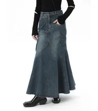 High Quality Women's Custom Denim Skirts Ladies Pockets Wash Blue Long Skirts For Women Summer