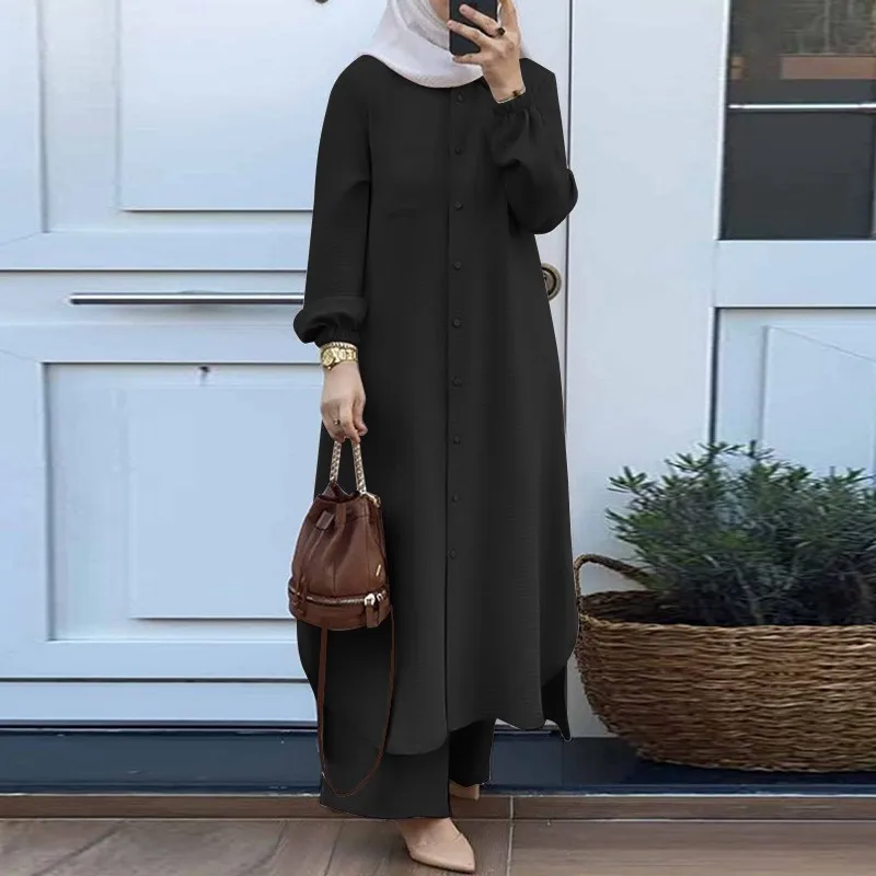 S-5XL Women's Retro-Style Long Abaya Breathable Robe with Ruffled Hem Dress Long Sleeves Embossed Printing for Adults
