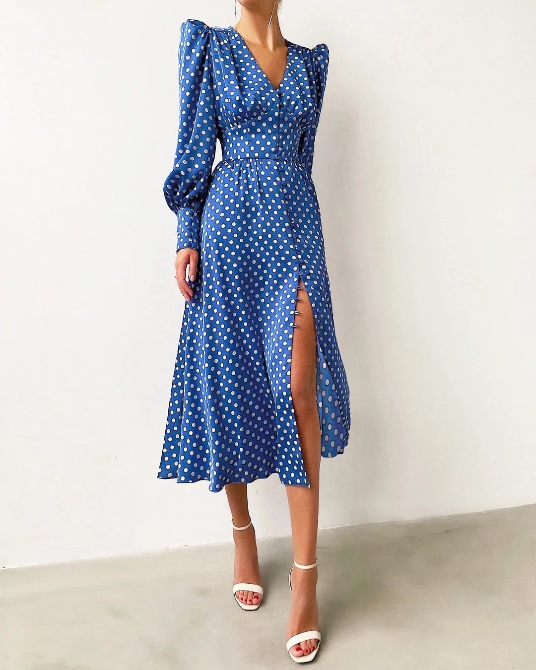Puff Sleeve Blue Polka Dot Dress 