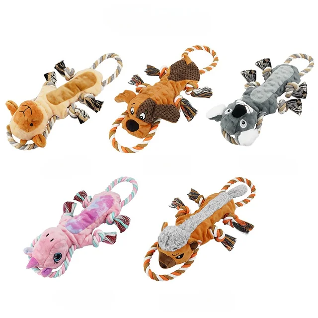 Wholesale High Quality Pet Squeak Toys Cartoon Animal Shape with Cotton Rope Tug-of-war Crepe Paper Dog Toys