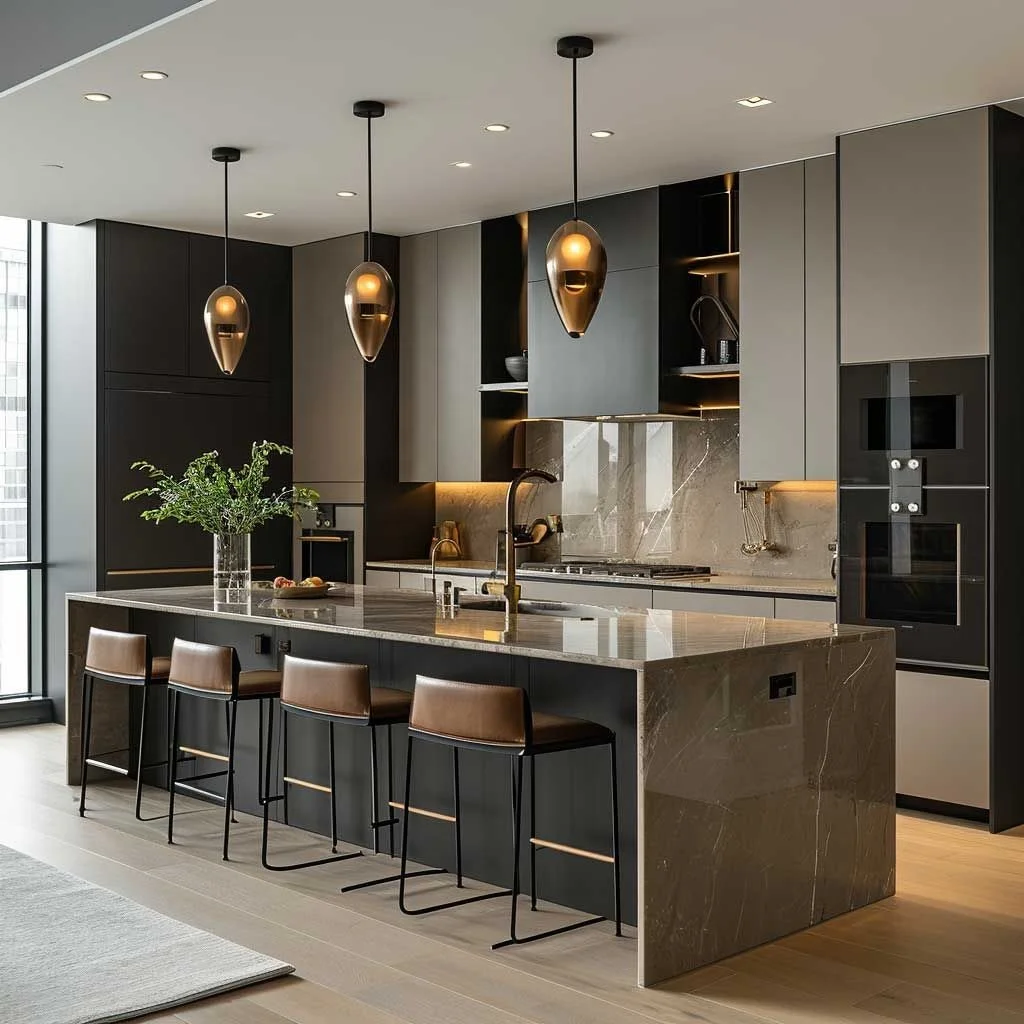 CBMmart Top Quality Waterfall Countertop Design Modern Style Kitchen Cabinets
