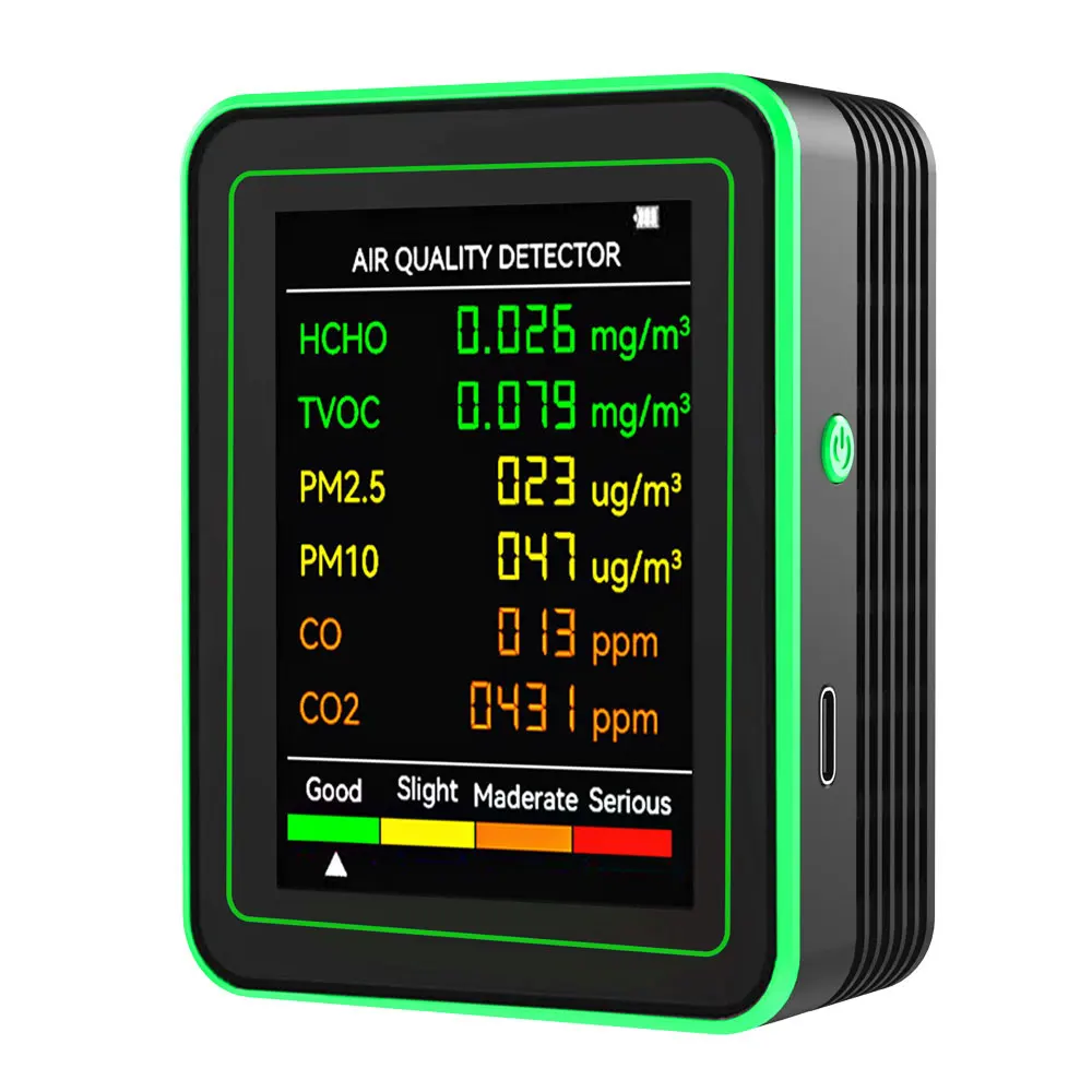6-in-1 Luftqualitätsmonitor – Tragbarer CO2-, PM2,5-, HCHO-, TVOC-Detektor Mit Temperatur & Feuchtigkeit – Für Den Innenbereich