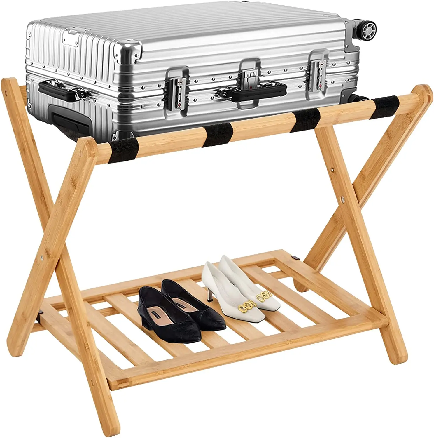 Fully Assembled Luggage Rack for Guest Room, Bamboo Suitcase Stand with Storage Shelf, Folding Luggage Stand for Hotel, Luggage