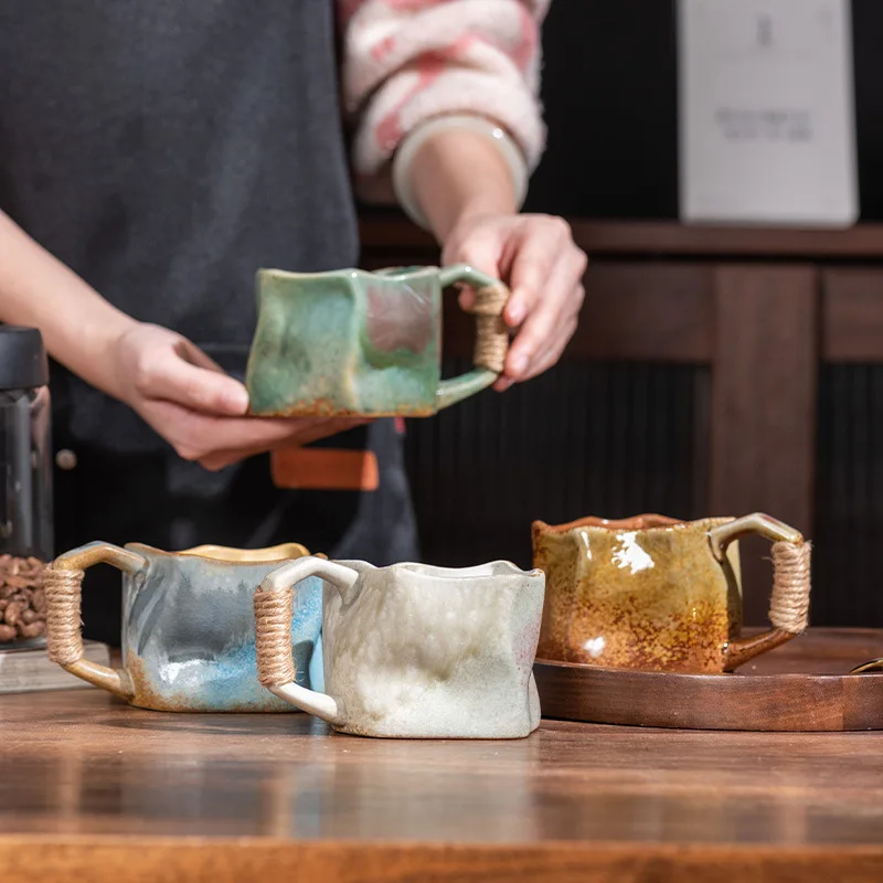 product retro ceramic coffee mug handmade irregular design unique coarse texture cup for home office party gift occasions-9