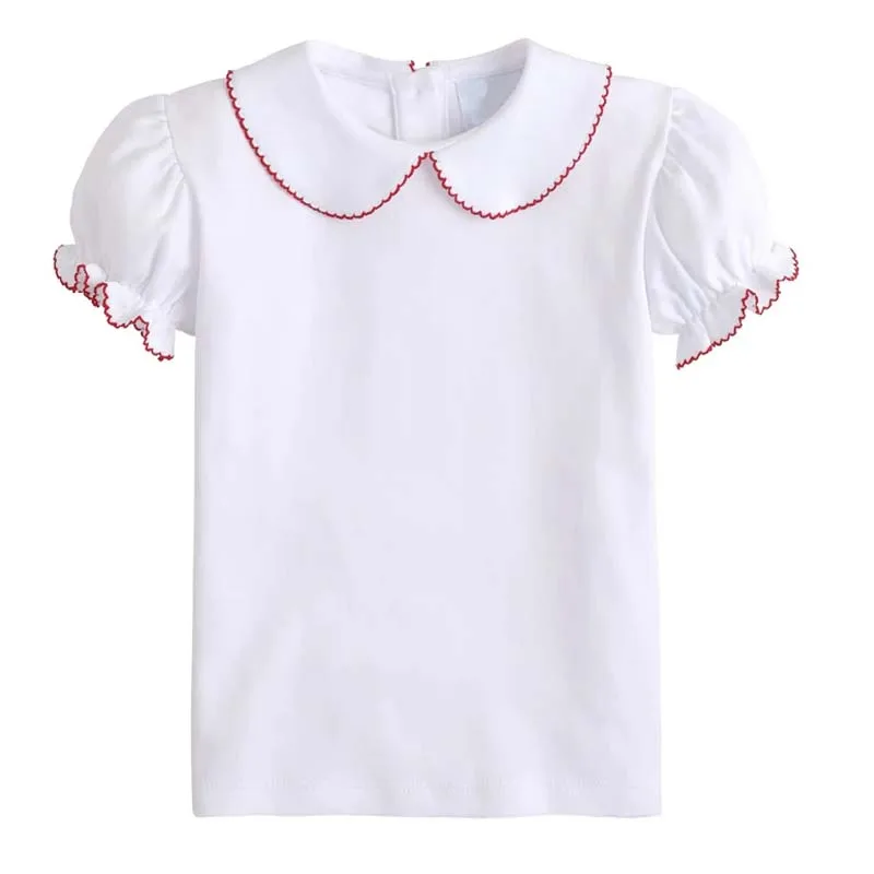 Monogram Cotton Plain White Children Summer Tshirt Peter Pan Collar