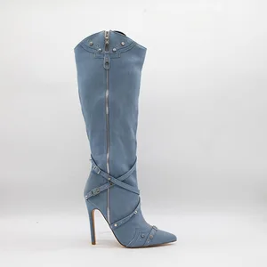 BUSY GIRL HQ1153 Women's Blue Denim Knee-High Boots with Front Zipper Cross Straps Studs Pointed Toe Stiletto High Heel Booties