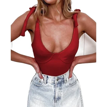 Latest Design Cotton Summer Women Sexy Clothes Black Red White Deep V-neck Casual Sexy Crop Top Tank Top Womens Ladies Casual