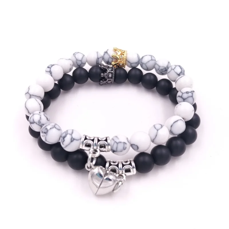 8mm Natural Stone Bracelet Crown White Howlite And Black Matte Glass ...