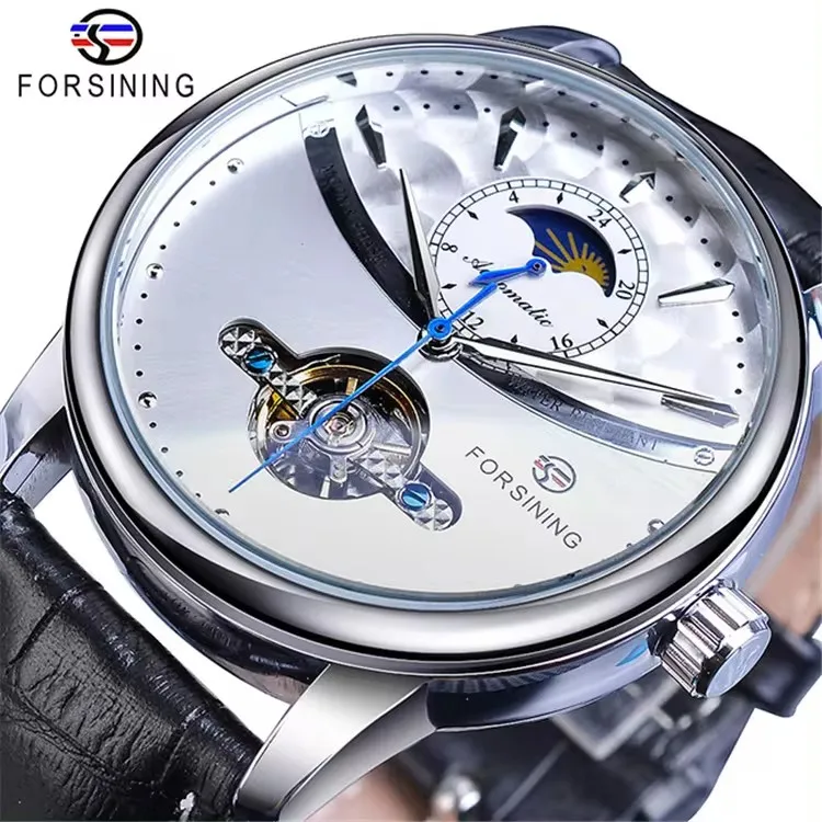 Forsining GMT1150 Moon Phase Automatic Watch Royal Men Waterproof Mechanical Wristwatch Casual Genuine Leather Tourbillon Clock